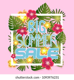 Vector inscription Big summer discounts, with patterns from tropical leaves, flowers and plants, on a pink background, in a white square. Flyer, banner, poster or card.