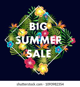 Vector inscription Big summer discounts, with patterns from tropical leaves, flowers and plants, on a purple background, in a white rhombus. Flyer, banner, poster or card.
