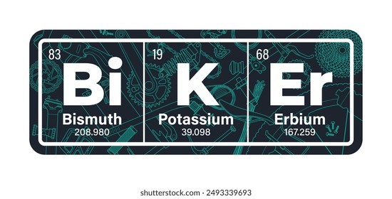 Vector inscription BIKER composed of individual elements of the periodic table and picture bicycle parts. Isolated on white background