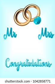 Vector inscription Congratulations with blue letters on a blue background isolated, a pair of wedding rings  with a sapphire and an inscription Mr and Mrs.