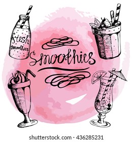 Vector. The inscription and four objects smoothie on watercolor background. Lettering . Hand drawing. Fruity summer cocktails. set. Pink. tender