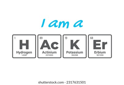 Vector inscription HACKER composed of individual elements of the periodic table. Text: I am a Hacker. Isolated on white background