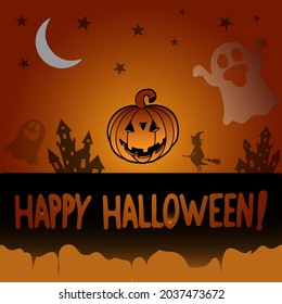 Vector with the inscription happy Halloween, template, flyer, postcard, invitation, flag, Halloween concept, on a dark orange background