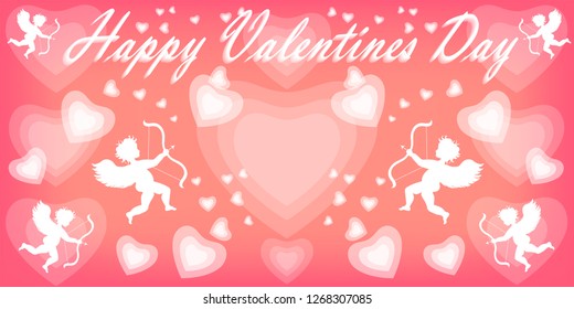 Vector inscription "Happy Valentines Day" on a pink background with hearts and cupids. Happy Valentines Day Card Design. 14 February. Eps 10