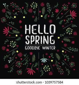 Vector inscription hello spring on black background