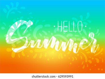 Vector inscription Hello Summer, beautiful gradient, abstract petals, waves.