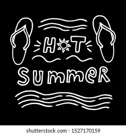 Vector inscription "Hot summer". The inscription is written by hand, located on black background. For design of headers, covers, posters, postcards on theme of summer, recreation, tourism, travel