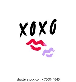 Vector inscription, hugs and kisses, lips, lipstick kiss, girl, postcard, elements for design.