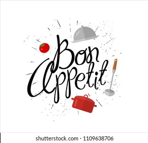 vector Inscription for the menu of the restaurant or cafe "pleasant appetite" in the form of a sketch, a font illustration of the text, a ladle, pans and a tomato