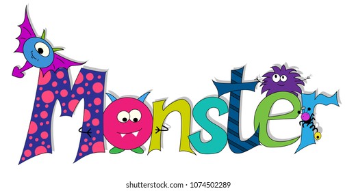 Vector inscription monsters. Cartoon monsters. Design of cards with monsters