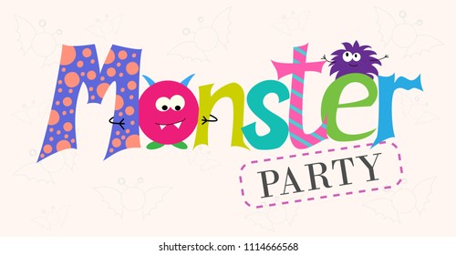 Vector inscription monsters party. Cartoon monsters. Design of cards with monsters