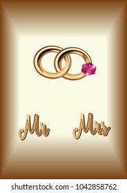 Vector inscription Mr and Mrs. golden letters on a gold background, a pair of wedding rings with a ruby for a wedding, isolated