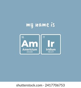 Vector inscription name AMIR composed of individual elements of the periodic table. Text: My name is. Blue background