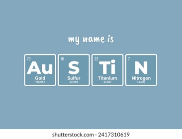 Vector inscription name AUSTIN composed of individual elements of the periodic table. Text: My name is. Blue background