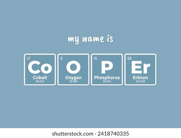 Vector inscription name COOPER composed of individual elements of the periodic table. Text: My name is. Purple background