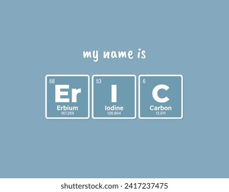 Vector inscription name ERIC composed of individual elements of the periodic table. Text: My name is. Blue background