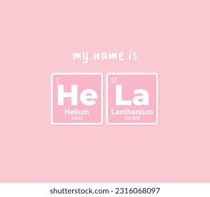Vector inscription name HELA composed of individual elements of the periodic table. Text: My name is. Purple background