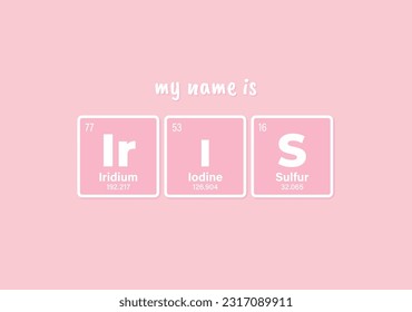 Vector inscription name IRIS composed of individual elements of the periodic table. Text: My name is. Purple background