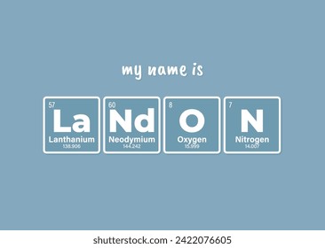 Vector inscription name LANDON composed of individual elements of the periodic table. Text: My name is. Blue background