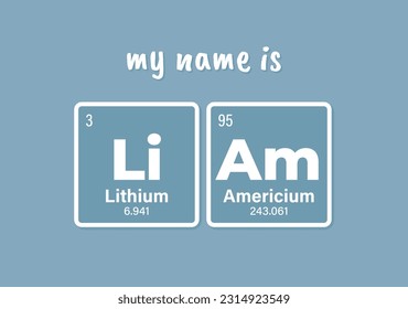 Vector inscription name LIAM composed of individual elements of the periodic table. Text: My name is. Blue background