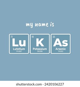 Vector inscription name LUKAS composed of individual elements of the periodic table. Text: My name is. Purple background