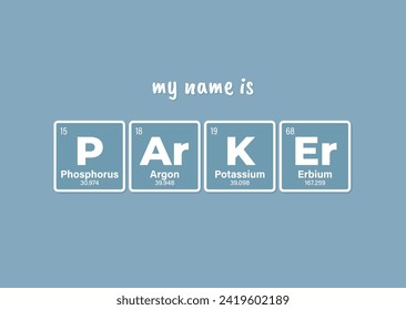 Vector inscription name PARKER composed of individual elements of the periodic table. Text: My name is. Blue background