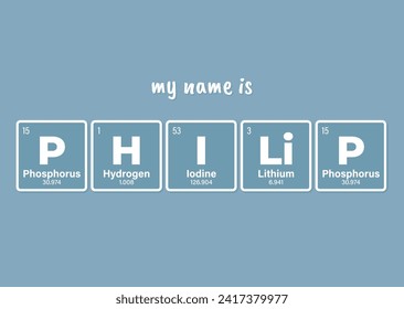 PHILiP nombre de inscripción de vectores compuesto por elementos individuales de la tabla periódica. Texto: Me llamo. Fondo azul