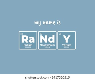 Vector inscription name RANDY composed of individual elements of the periodic table. Text: My name is. Blue background