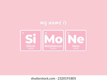 Vector inscription name SIMONE composed of individual elements of the periodic table. Text: My name is. Purple background