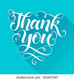 Vector inscription on blue background. Thank you lettering for invitation and greeting card, prints and posters. Hand drawn inscription, calligraphic design