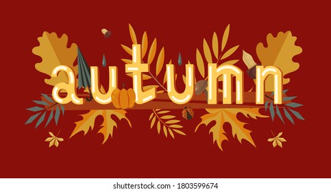 Vector inscription on a red background. Leaves of maple, chestnut, oak, mushrooms, acorns, umbrella, beetle and drops. Decorative elements. For printing, banners, wrappers, covers, prints and textiles