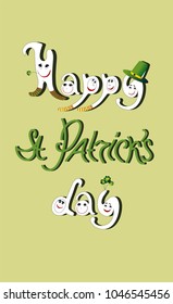 vector inscription on St. Patrick's Day on a light background with green and white letters and a hat, cartoon letters.