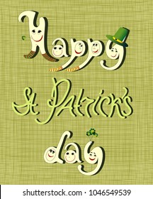 vector inscription on St. Patrick's Day on a light background with a green texture, with green and white letters and a hat, cartoon letters.