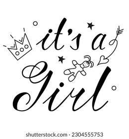 Inscripción de vectores sobre el tema de una fiesta de género al estilo de los garabatos. Frase de felicitación para una chica.  Fiesta que determina el sexo del bebé.