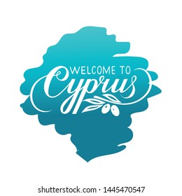 Vector inscription of the phrase Welcome to Cyprus with illustration of olives and leaves. White letters on blue background. Handlettering for postcards, invitations, catalogs, guidebooks. EPS10