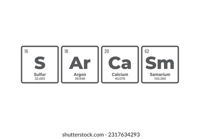 Vector inscription SARCASM composed of individual elements of the periodic table. Isolated on white background