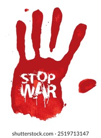 Vector Inscripción Stop War escrito con letras hechas de manchas y salpicaduras con gotas en rojo palma ensangrentada de mano humana