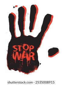 Vektorinschrift Stopp War geschrieben mit Briefen von Flecken und Spritzer mit Tropfen auf rot und schwarz blutige Handfläche des Menschen