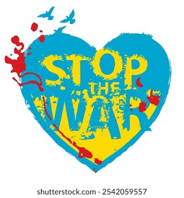 Vektorinschrift Stopp the war, geschrieben in Buchstaben von Flecken und Spritzer mit Tropfen im Zeichen des Herzens mit gelb-blauen Flagge der Ukraine und fliegenden Tauben im Blut  