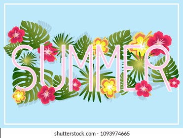 Vector inscription Summer, with patterns from tropical leaves, flowers and plants, on a blue background. Flyer, banner, poster or card.
