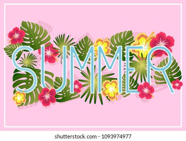 Vector inscription Summer, with patterns from tropical leaves, flowers and plants, on a pink background. Flyer, banner, poster or card.