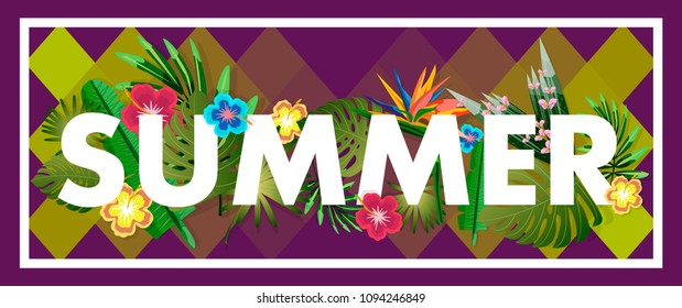 Vector inscription Summer, with patterns from tropical leaves, flowers and plants, on a purple background. Flyer, banner, poster or card.