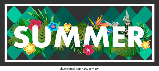 Vector inscription Summer, with patterns from tropical leaves, flowers and plants, on a grey background. Flyer, banner, poster or card.