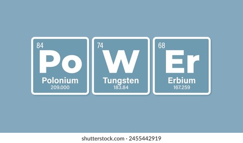 Text der Vektorgrafik POWER, zusammengesetzt aus einzelnen Elementen des Periodensystems. Blauer Hintergrund