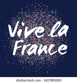 Vector inscription Vive La France. Hand drawn lettering on bright sparkled background for holiday greeting card, poster, banner. Modern calligraphy. French National Day, July 14, Bastille Day. EPS10 