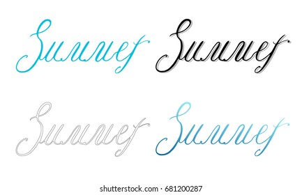 Vector inscriptions. Calligraphic handwriting. Summer. Set. The two options, color, black, with a white stroke and a gray shadow. Isolated picture on a white background.