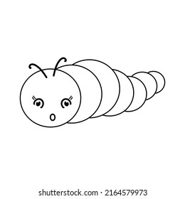 Vector insect, caterpillar coloring page for children. Cute cartoon kawaii funny Doodle character.