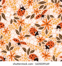 Vector Insect Seamless Pattern. Hand-drawn Ladybugs And Flowers On The Pink Background. Summer Ditzy Floral Pattern.