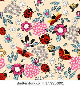 Vector insect seamless pattern. Hand-drawn ladybugs and flowers. Summer ditzy floral pattern