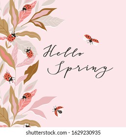 Vector insect seasonal card with lettering - Hello spring. Hand-drawn ladybugs and floral frame on the pink background. 